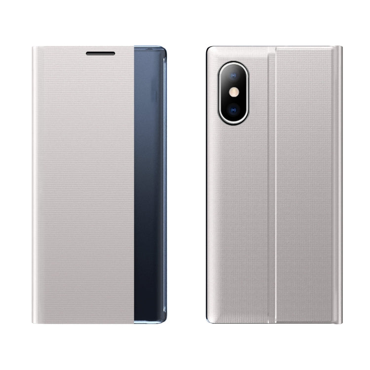 For iPhone XR Side Window Display Magnetic Suction Plain Grain Flip PU Leather + PC Case with Holder