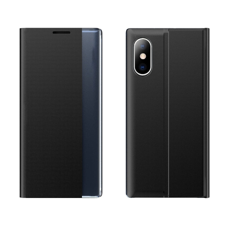 For iPhone XS Max Side Window Display Magnetic Suction Plain Grain Flip PU Leather + PC Case with Holder