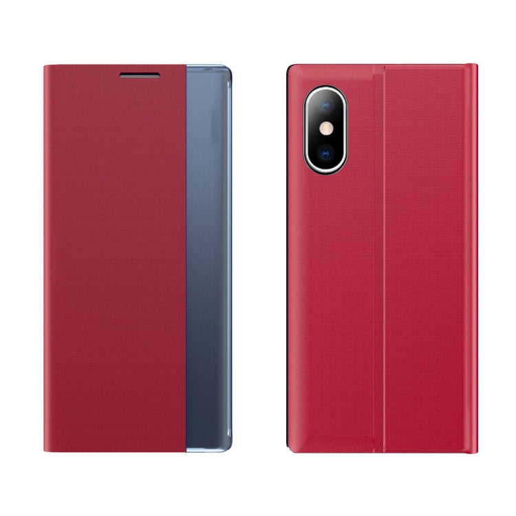 For iPhone XS Max Side Window Display Magnetic Suction Plain Grain Flip PU Leather + PC Case with Holder