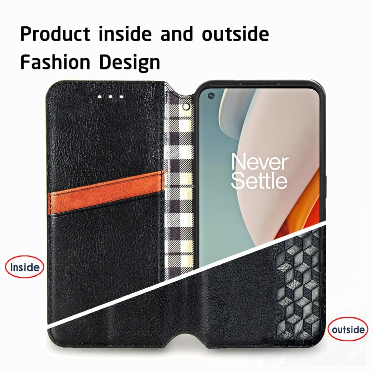 For One Plus Nord N100 Cubic Grid Pressed Horizontal Flip Magnetic PU Leather Case with Holder & Card Slots & Wallet