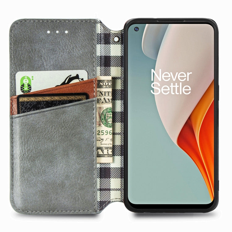 For One Plus Nord N100 Cubic Grid Pressed Horizontal Flip Magnetic PU Leather Case with Holder & Card Slots & Wallet