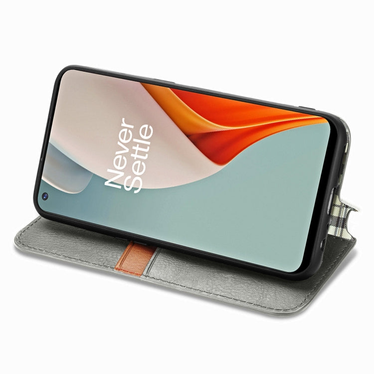 For One Plus Nord N100 Cubic Grid Pressed Horizontal Flip Magnetic PU Leather Case with Holder & Card Slots & Wallet