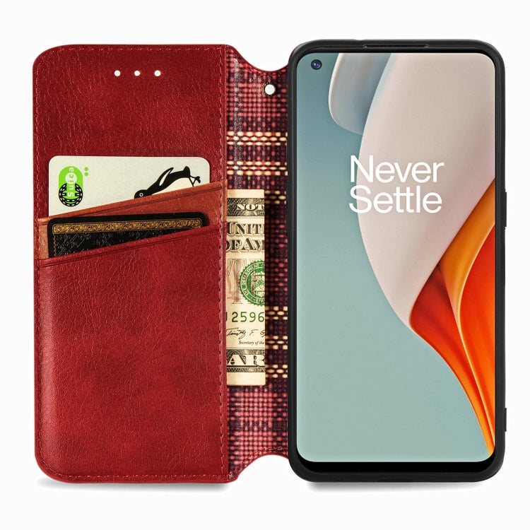 For One Plus Nord N100 Cubic Grid Pressed Horizontal Flip Magnetic PU Leather Case with Holder & Card Slots & Wallet