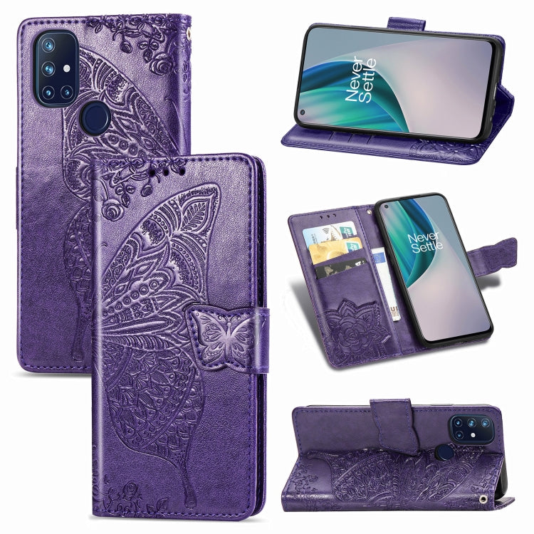For OnePlus Nord N10 5G Butterfly Love Flower Embossed Horizontal Flip Leather Case with Bracket / Card Slot / Wallet / Lanyard