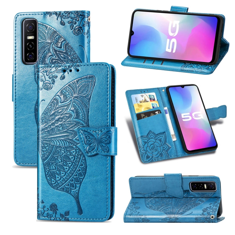 For vivo Y73s Butterfly Love Flower Embossed Horizontal Flip Leather Case with Bracket / Card Slot / Wallet / Lanyard