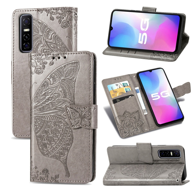 For vivo Y73s Butterfly Love Flower Embossed Horizontal Flip Leather Case with Bracket / Card Slot / Wallet / Lanyard