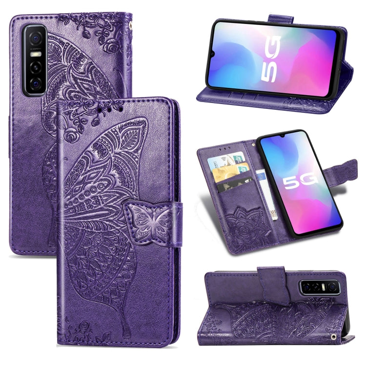 For vivo Y73s Butterfly Love Flower Embossed Horizontal Flip Leather Case with Bracket / Card Slot / Wallet / Lanyard