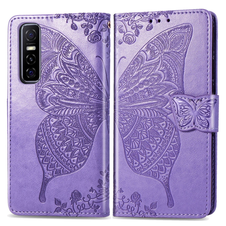 For vivo Y73s Butterfly Love Flower Embossed Horizontal Flip Leather Case with Bracket / Card Slot / Wallet / Lanyard