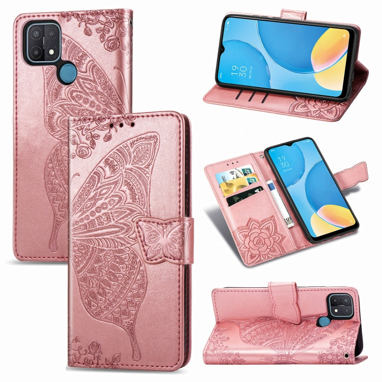 For OPPO A15 Butterfly Love Flower Embossed Horizontal Flip Leather Case with Bracket / Card Slot / Wallet / Lanyard