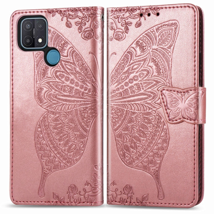 For OPPO A15 Butterfly Love Flower Embossed Horizontal Flip Leather Case with Bracket / Card Slot / Wallet / Lanyard