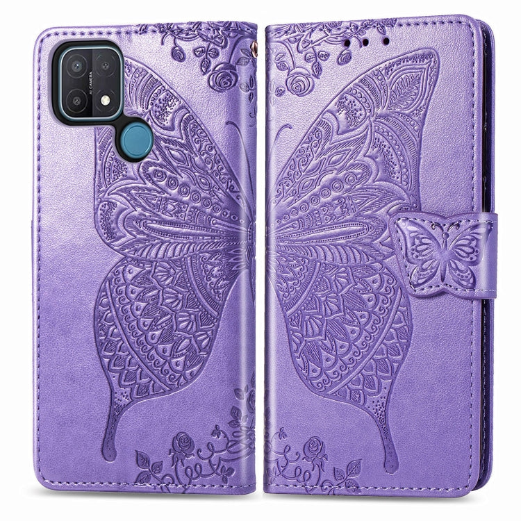 For OPPO A15 Butterfly Love Flower Embossed Horizontal Flip Leather Case with Bracket / Card Slot / Wallet / Lanyard