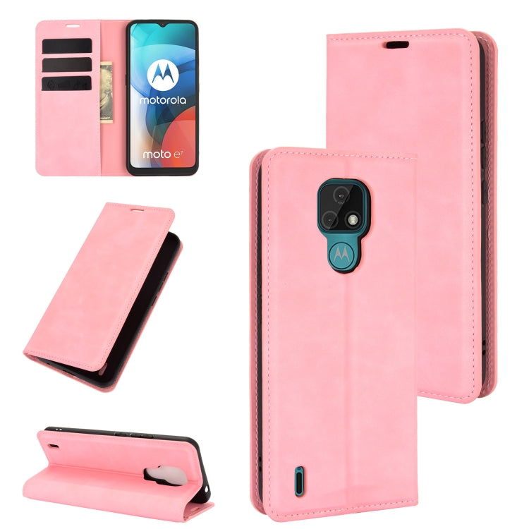 For Motorola Moto E7 Retro-skin Business Magnetic Suction Leather Case with Holder & Card Slots & Wallet