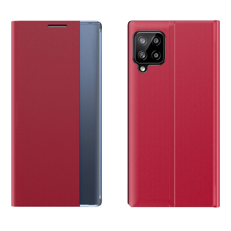 For Samsung Galaxy A12 5G Side Display Magnetic Horizontal Flip Plain Texture Cloth + PC Case with Holder & Sleep / Wake-up Function
