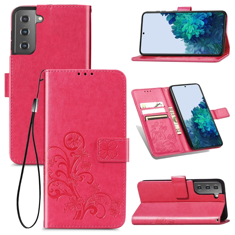For Samsung Galaxy S21+ 5G Four-leaf Clasp Embossed Buckle Leather Case with Lanyard & Card Slots & Wallet & Holder