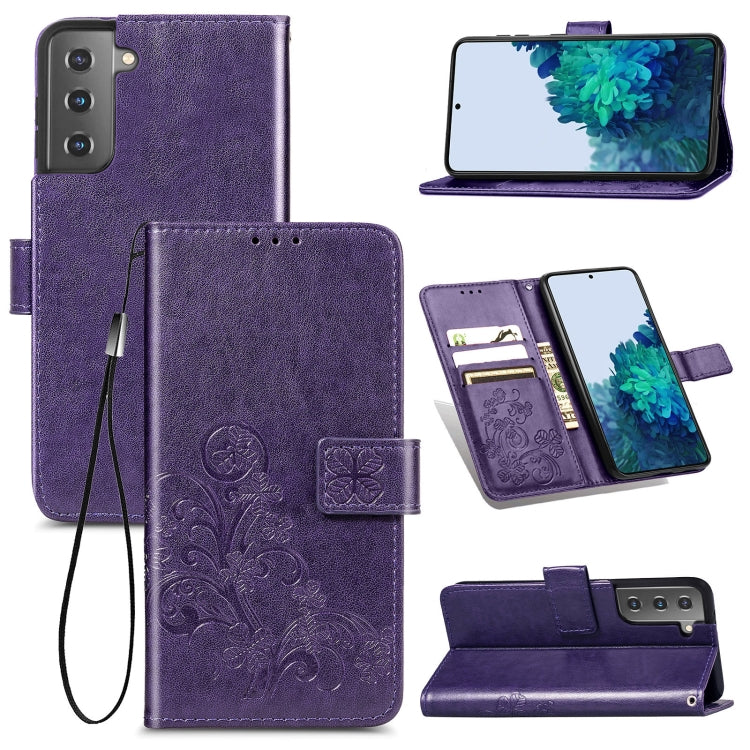 For Samsung Galaxy S21+ 5G Four-leaf Clasp Embossed Buckle Leather Case with Lanyard & Card Slots & Wallet & Holder