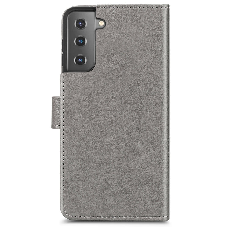 For Samsung Galaxy S21+ 5G Four-leaf Clasp Embossed Buckle Leather Case with Lanyard & Card Slots & Wallet & Holder