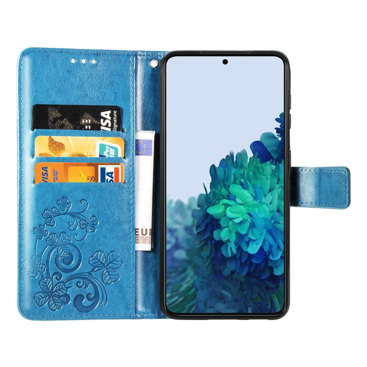 For Samsung Galaxy S21+ 5G Four-leaf Clasp Embossed Buckle Leather Case with Lanyard & Card Slots & Wallet & Holder