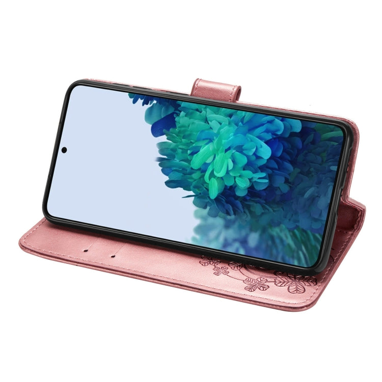 For Samsung Galaxy S21+ 5G Four-leaf Clasp Embossed Buckle Leather Case with Lanyard & Card Slots & Wallet & Holder