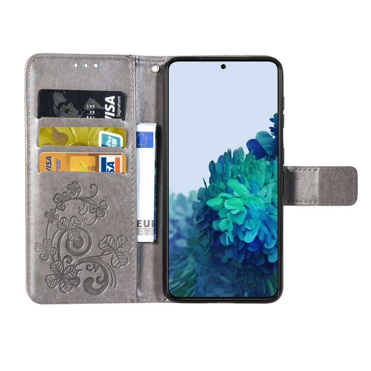 Four-leaf Clasp Embossed Buckle Mobile Phone Protection Leather Case with Lanyard & Card Slot & Wallet & Bracket Function For Samsung Galaxy S21 5G