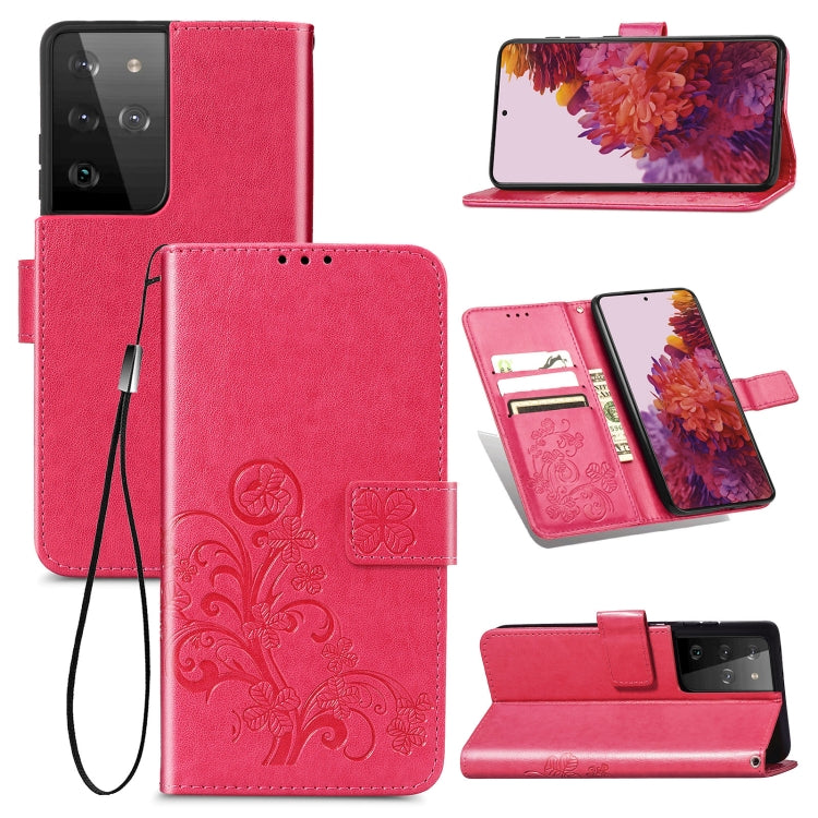 Four-leaf Clasp Embossed Buckle Mobile Phone Protection Leather Case with Lanyard & Card Slot & Wallet & Bracket Function For Samsung Galaxy S21 Ultra 5G