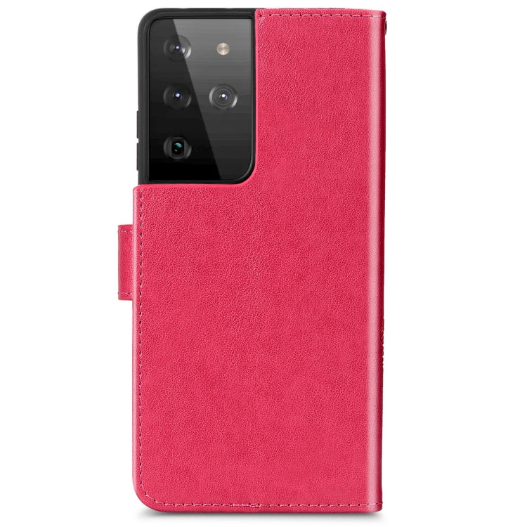Four-leaf Clasp Embossed Buckle Mobile Phone Protection Leather Case with Lanyard & Card Slot & Wallet & Bracket Function For Samsung Galaxy S21 Ultra 5G