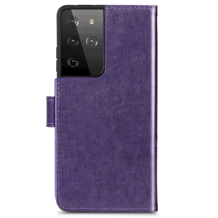 Four-leaf Clasp Embossed Buckle Mobile Phone Protection Leather Case with Lanyard & Card Slot & Wallet & Bracket Function For Samsung Galaxy S21 Ultra 5G