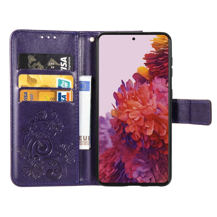 Four-leaf Clasp Embossed Buckle Mobile Phone Protection Leather Case with Lanyard & Card Slot & Wallet & Bracket Function For Samsung Galaxy S21 Ultra 5G
