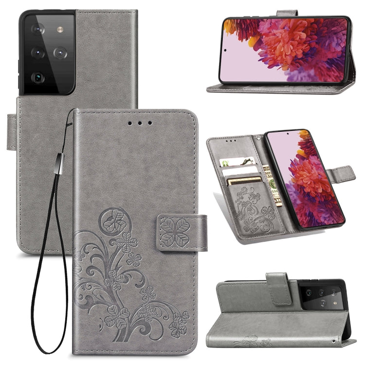 Four-leaf Clasp Embossed Buckle Mobile Phone Protection Leather Case with Lanyard & Card Slot & Wallet & Bracket Function For Samsung Galaxy S21 Ultra 5G