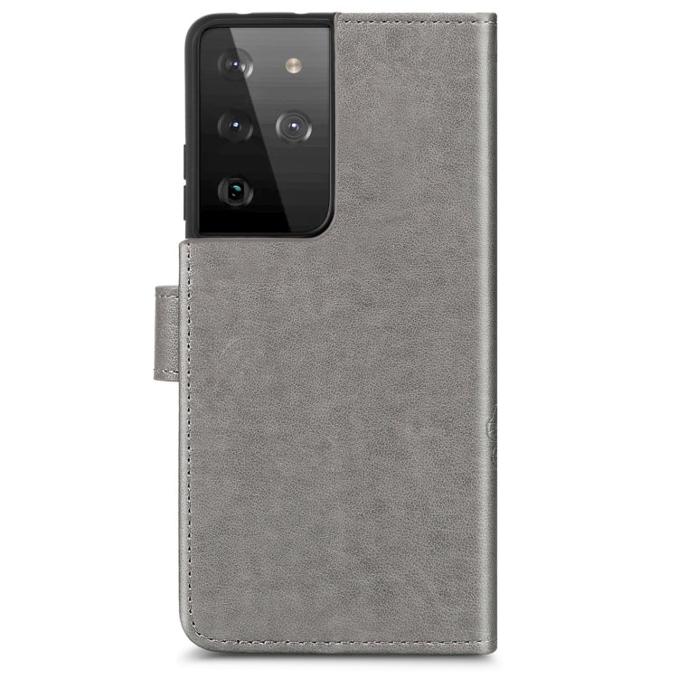 Four-leaf Clasp Embossed Buckle Mobile Phone Protection Leather Case with Lanyard & Card Slot & Wallet & Bracket Function For Samsung Galaxy S21 Ultra 5G