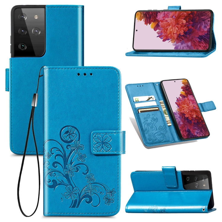 Four-leaf Clasp Embossed Buckle Mobile Phone Protection Leather Case with Lanyard & Card Slot & Wallet & Bracket Function For Samsung Galaxy S21 Ultra 5G