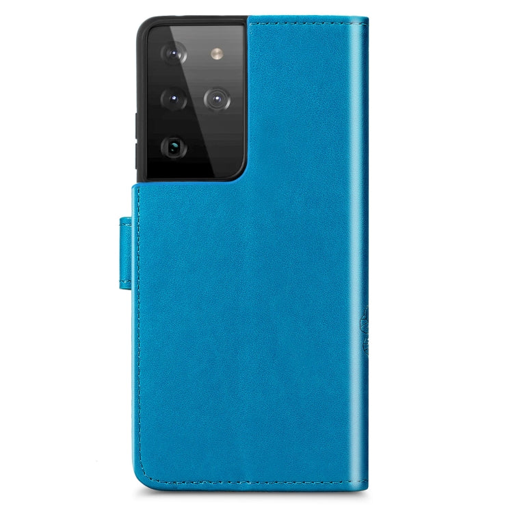 Four-leaf Clasp Embossed Buckle Mobile Phone Protection Leather Case with Lanyard & Card Slot & Wallet & Bracket Function For Samsung Galaxy S21 Ultra 5G