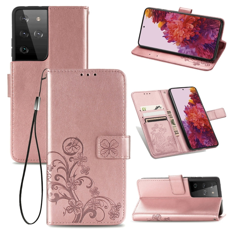Four-leaf Clasp Embossed Buckle Mobile Phone Protection Leather Case with Lanyard & Card Slot & Wallet & Bracket Function For Samsung Galaxy S21 Ultra 5G