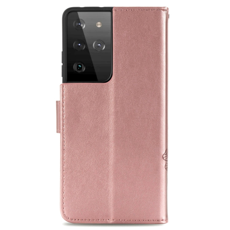 Four-leaf Clasp Embossed Buckle Mobile Phone Protection Leather Case with Lanyard & Card Slot & Wallet & Bracket Function For Samsung Galaxy S21 Ultra 5G