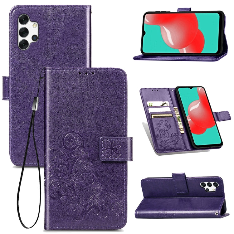 Four-leaf Clasp Embossed Buckle Mobile Phone Protection Leather Case with Lanyard & Card Slot & Wallet & Bracket Function For Samsung Galaxy A32 5G