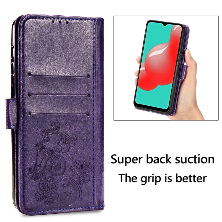 Four-leaf Clasp Embossed Buckle Mobile Phone Protection Leather Case with Lanyard & Card Slot & Wallet & Bracket Function For Samsung Galaxy A32 5G