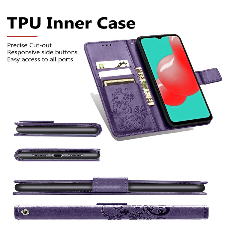 Four-leaf Clasp Embossed Buckle Mobile Phone Protection Leather Case with Lanyard & Card Slot & Wallet & Bracket Function For Samsung Galaxy A32 5G