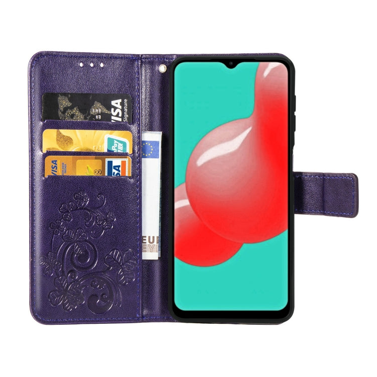 Four-leaf Clasp Embossed Buckle Mobile Phone Protection Leather Case with Lanyard & Card Slot & Wallet & Bracket Function For Samsung Galaxy A32 5G