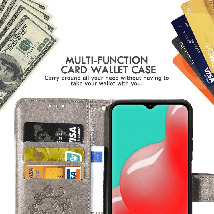 Four-leaf Clasp Embossed Buckle Mobile Phone Protection Leather Case with Lanyard & Card Slot & Wallet & Bracket Function For Samsung Galaxy A32 5G
