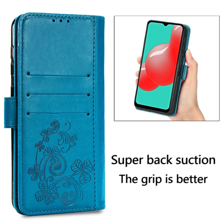 Four-leaf Clasp Embossed Buckle Mobile Phone Protection Leather Case with Lanyard & Card Slot & Wallet & Bracket Function For Samsung Galaxy A32 5G