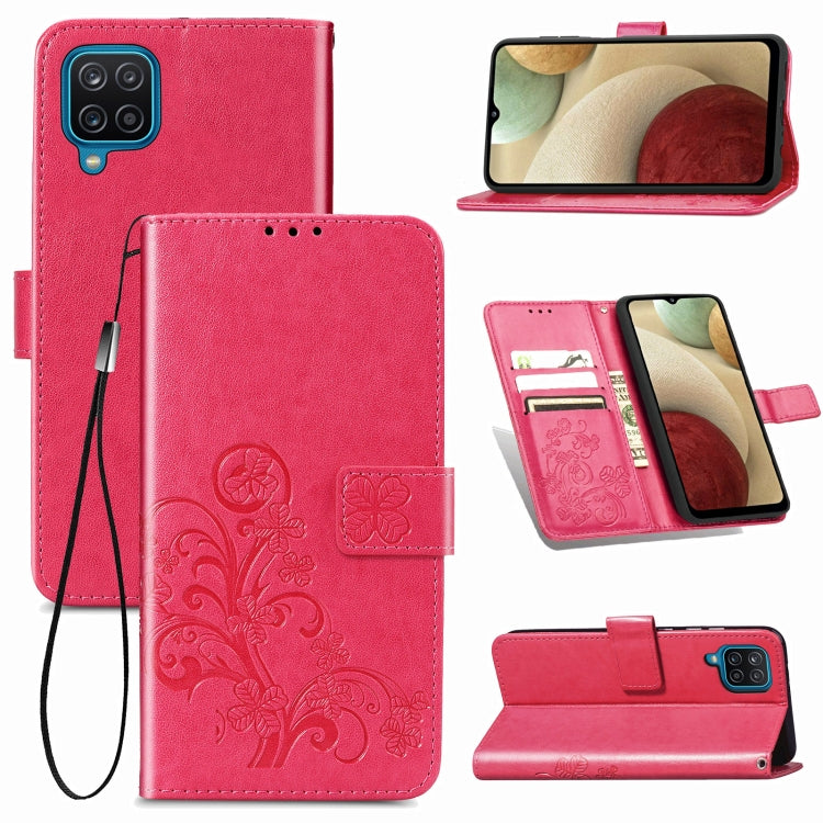 Four-leaf Clasp Embossed Buckle Mobile Phone Protection Leather Case with Lanyard & Card Slot & Wallet & Bracket Function For Samsung Galaxy A12