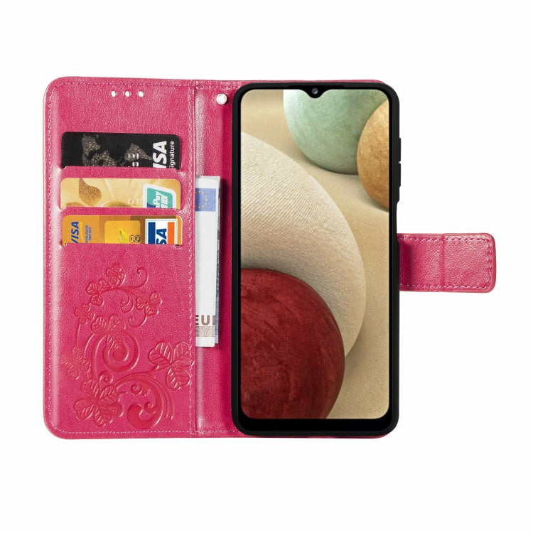 Four-leaf Clasp Embossed Buckle Mobile Phone Protection Leather Case with Lanyard & Card Slot & Wallet & Bracket Function For Samsung Galaxy A12