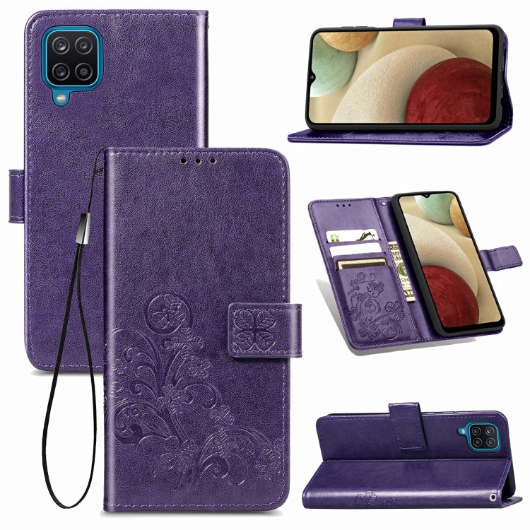 Four-leaf Clasp Embossed Buckle Mobile Phone Protection Leather Case with Lanyard & Card Slot & Wallet & Bracket Function For Samsung Galaxy A12