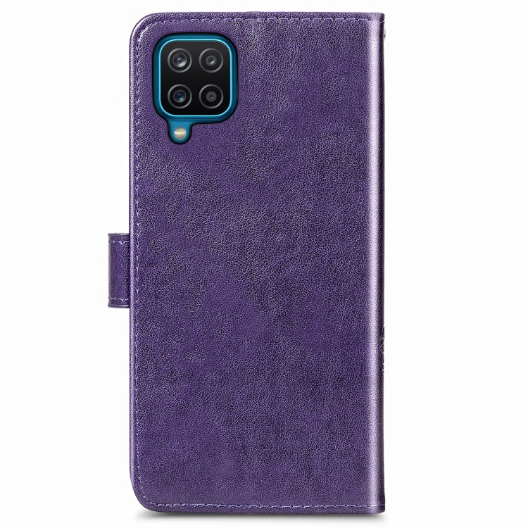 Four-leaf Clasp Embossed Buckle Mobile Phone Protection Leather Case with Lanyard & Card Slot & Wallet & Bracket Function For Samsung Galaxy A12