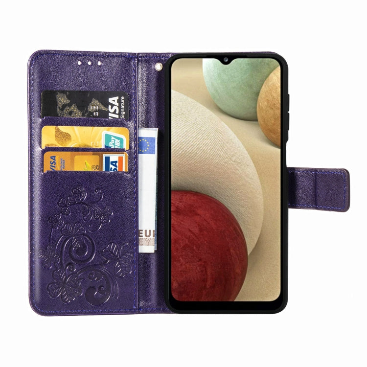 Four-leaf Clasp Embossed Buckle Mobile Phone Protection Leather Case with Lanyard & Card Slot & Wallet & Bracket Function For Samsung Galaxy A12