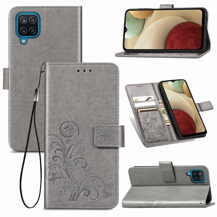Four-leaf Clasp Embossed Buckle Mobile Phone Protection Leather Case with Lanyard & Card Slot & Wallet & Bracket Function For Samsung Galaxy A12