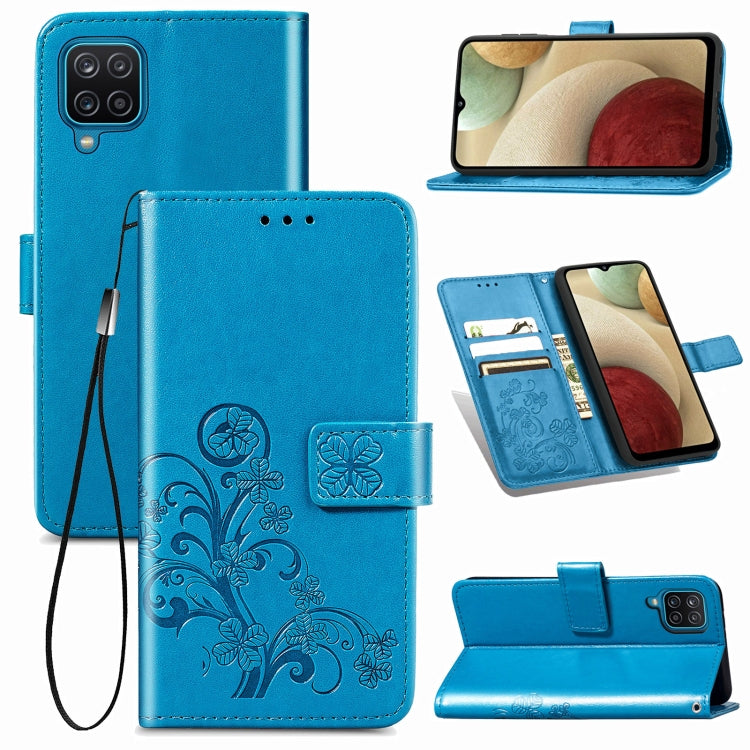 Four-leaf Clasp Embossed Buckle Mobile Phone Protection Leather Case with Lanyard & Card Slot & Wallet & Bracket Function For Samsung Galaxy A12