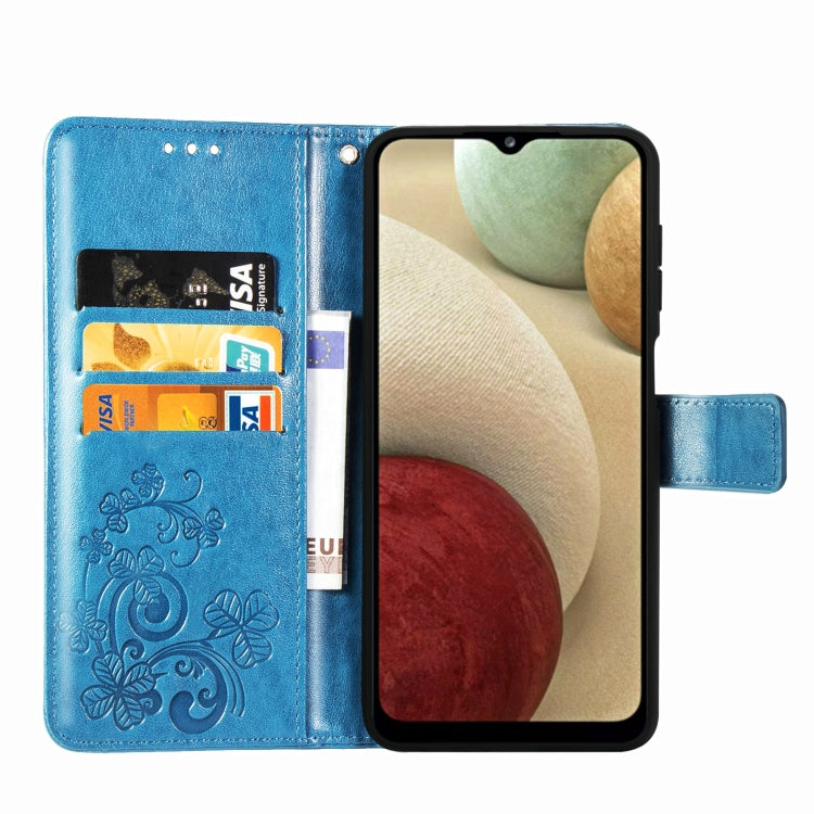 Four-leaf Clasp Embossed Buckle Mobile Phone Protection Leather Case with Lanyard & Card Slot & Wallet & Bracket Function For Samsung Galaxy A12