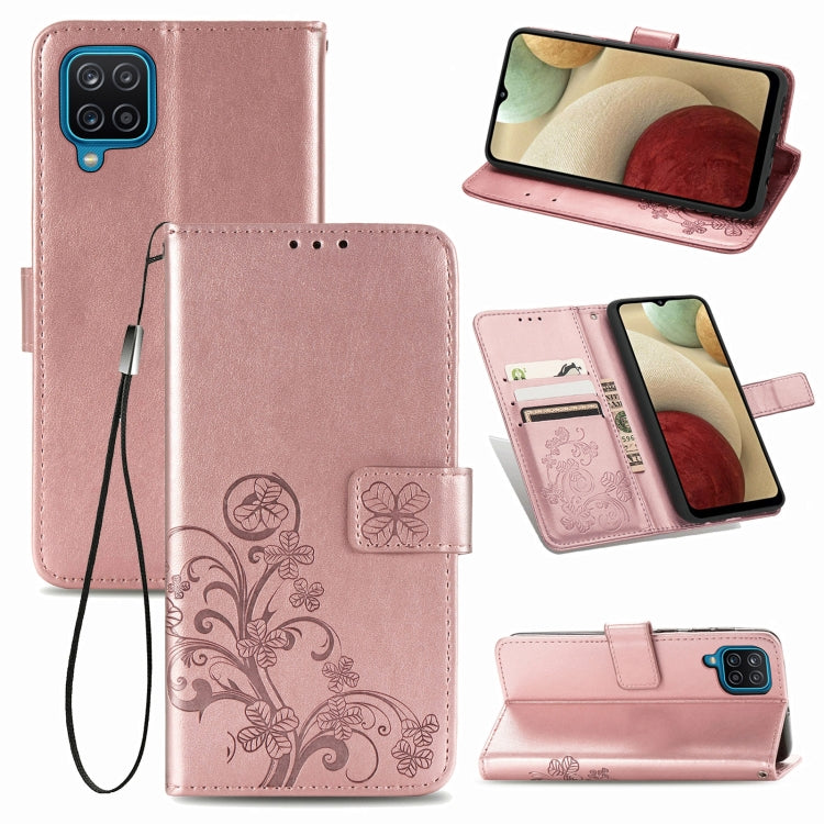 Four-leaf Clasp Embossed Buckle Mobile Phone Protection Leather Case with Lanyard & Card Slot & Wallet & Bracket Function For Samsung Galaxy A12