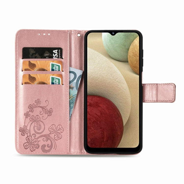 Four-leaf Clasp Embossed Buckle Mobile Phone Protection Leather Case with Lanyard & Card Slot & Wallet & Bracket Function For Samsung Galaxy A12