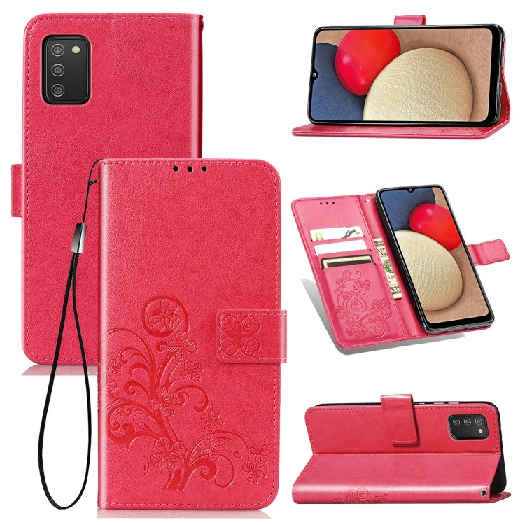 For Samsung Galaxy A02s (EU Version) Four-leaf Clasp Embossed Buckle Mobile Phone Protection Leather Case with Lanyard & Card Slot & Wallet & Bracket Function